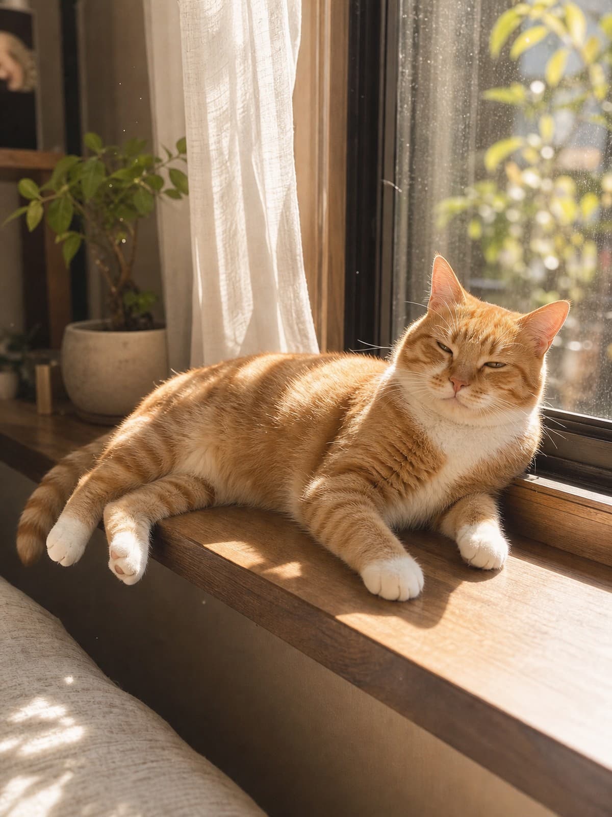 拍张趴在窗台晒太阳的橘猫