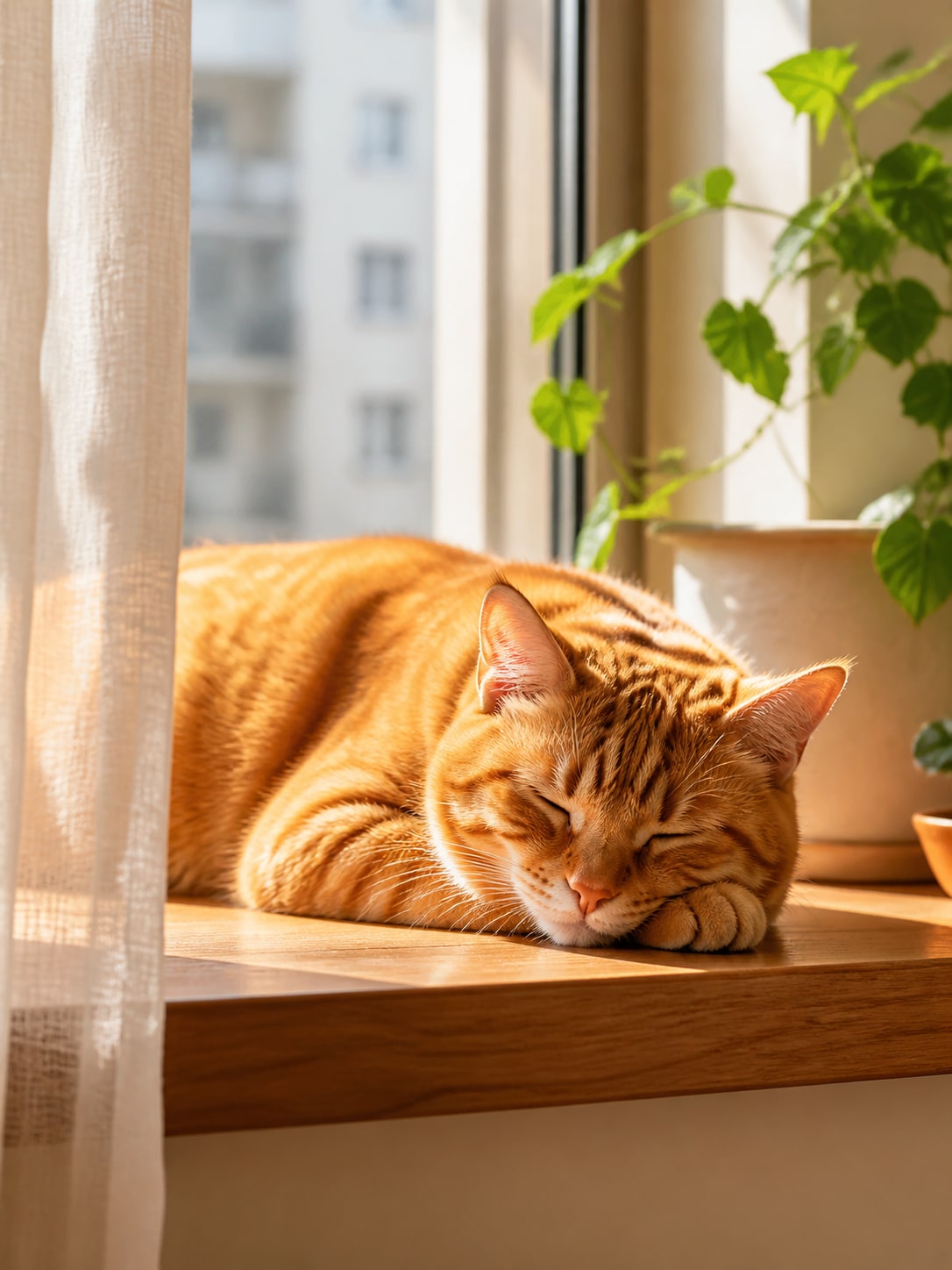 拍张趴在窗台晒太阳的橘猫